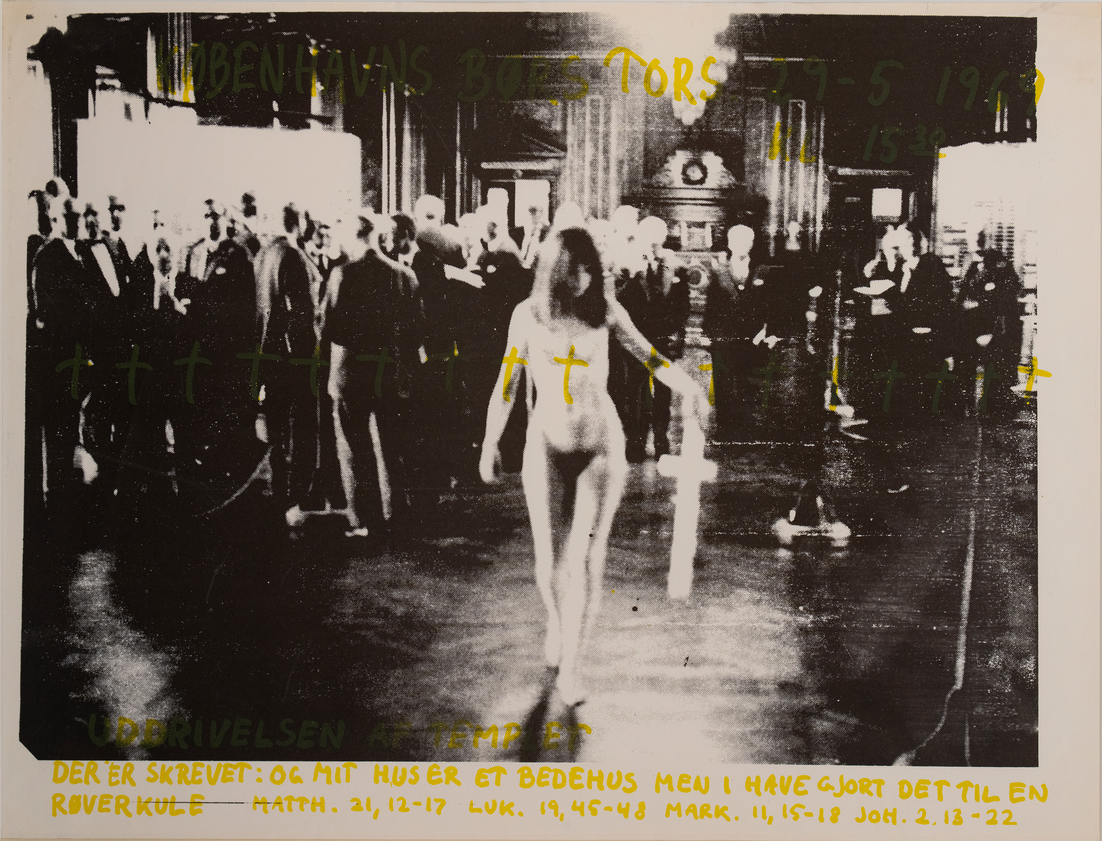 Foto: Lene Adler Petersen & Bjørn Nørgaard – Den kvindelige Kristus på Børsen (uddrivelsen af templet), 1969